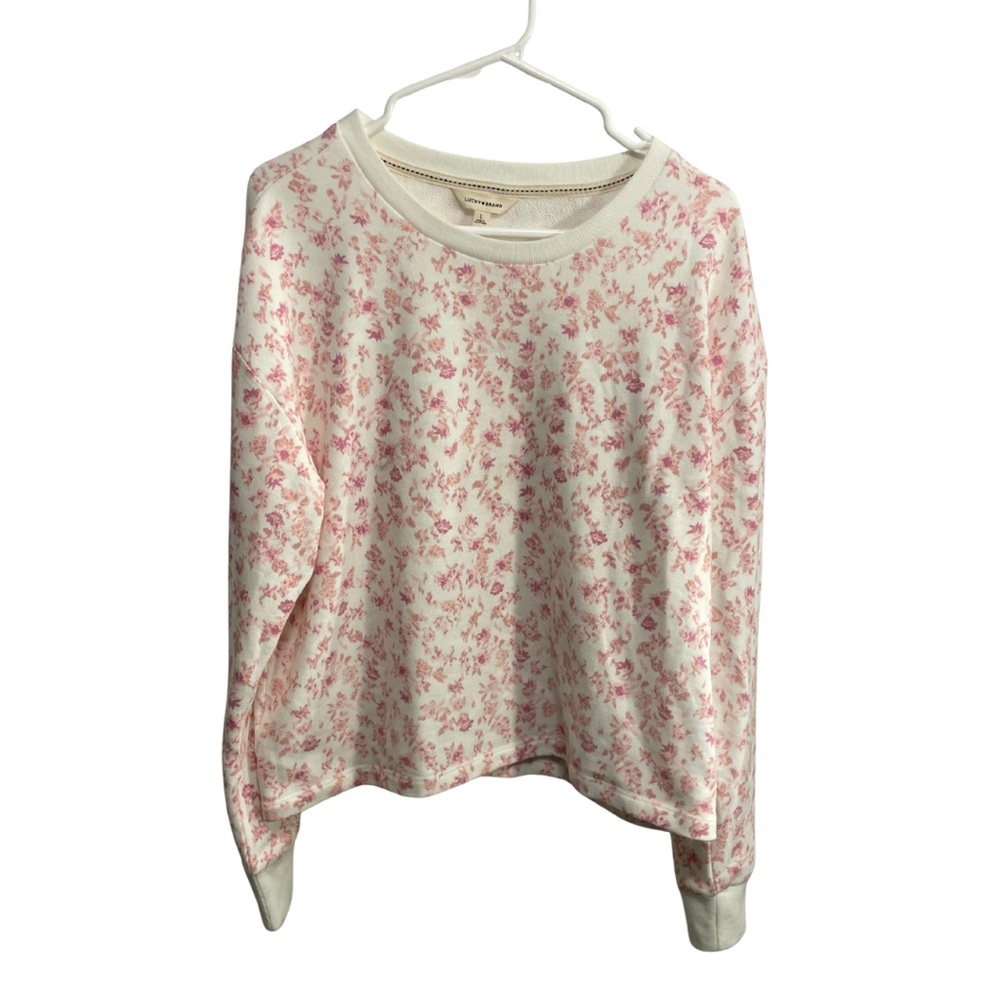 Lucky Brand White and Floral Pink Crew Neck Top